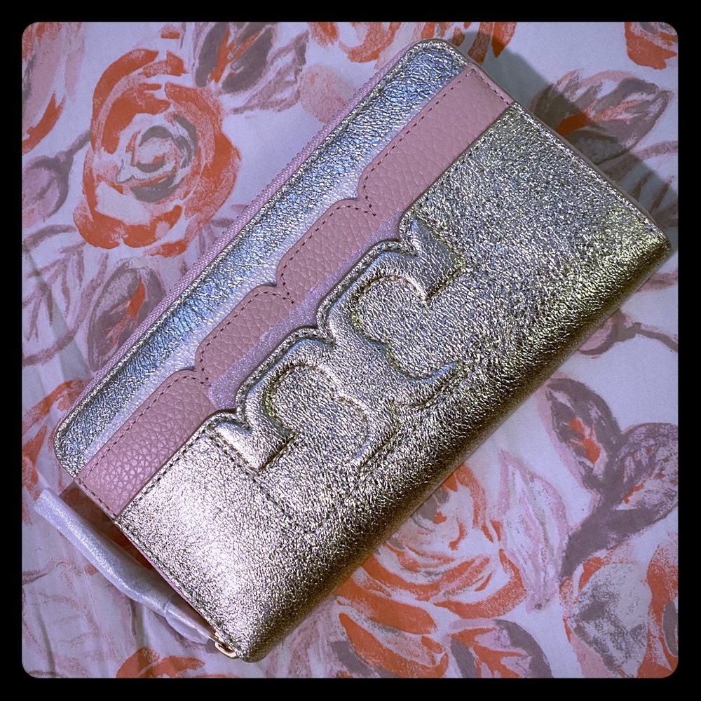 Gold + pink quartz Tory Burch multifold zip wallet